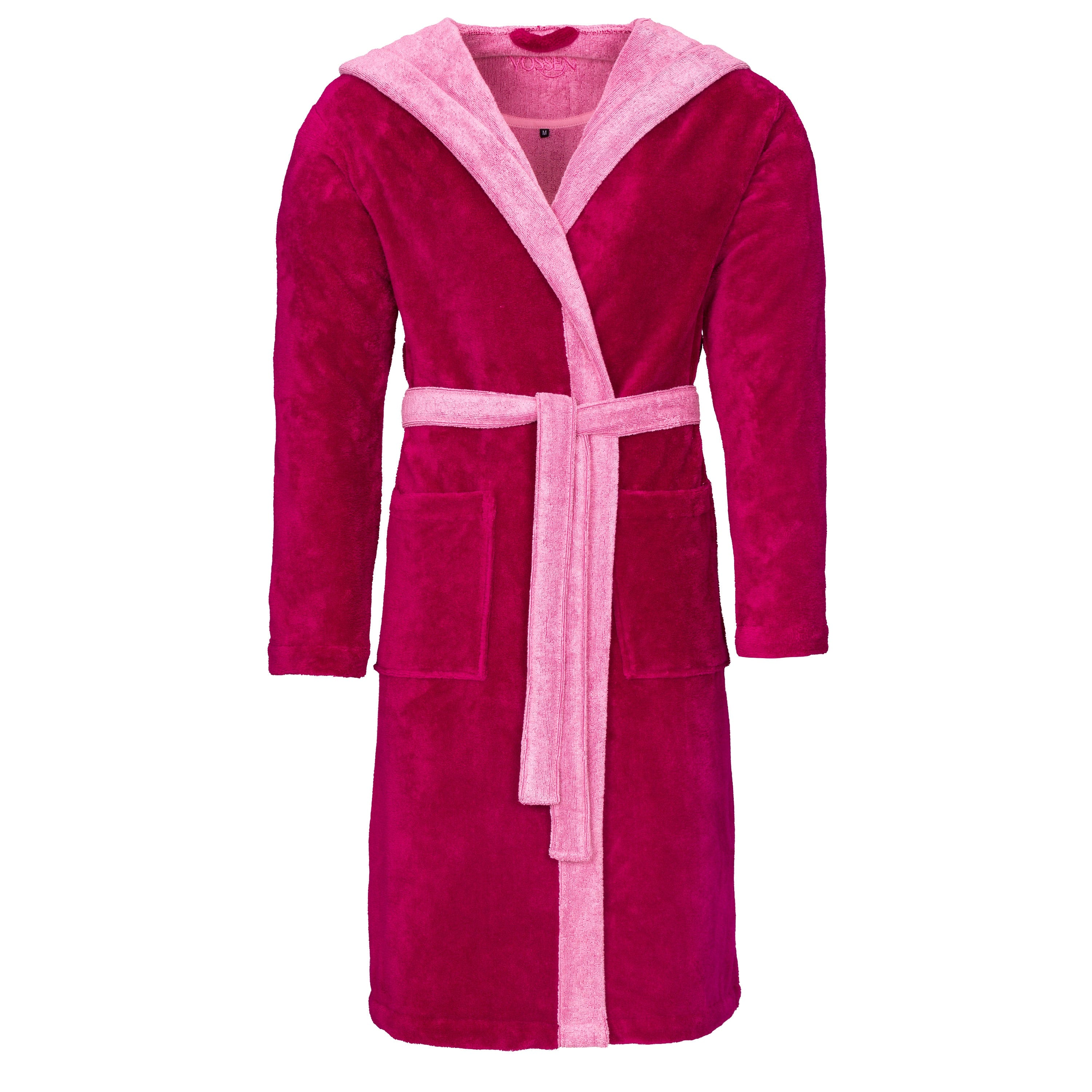 Accappatoio in cotone vegano con cintura e cappuccio in un doppio colore fucsia e rosa per uomo e donna