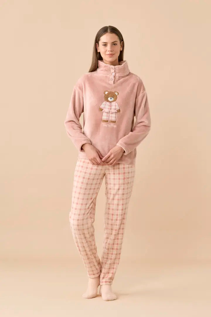 Pigiama Donna Coral Fleece Funny Tartan Rosa dettaglio