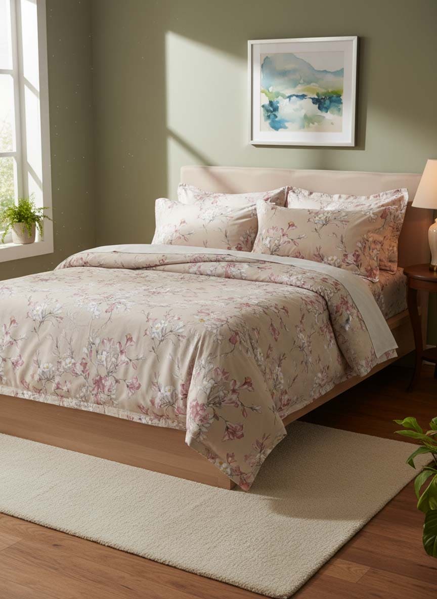 Completo copripiumino matrimoniale in percalle di cotone stampato Fresie - Mirabello