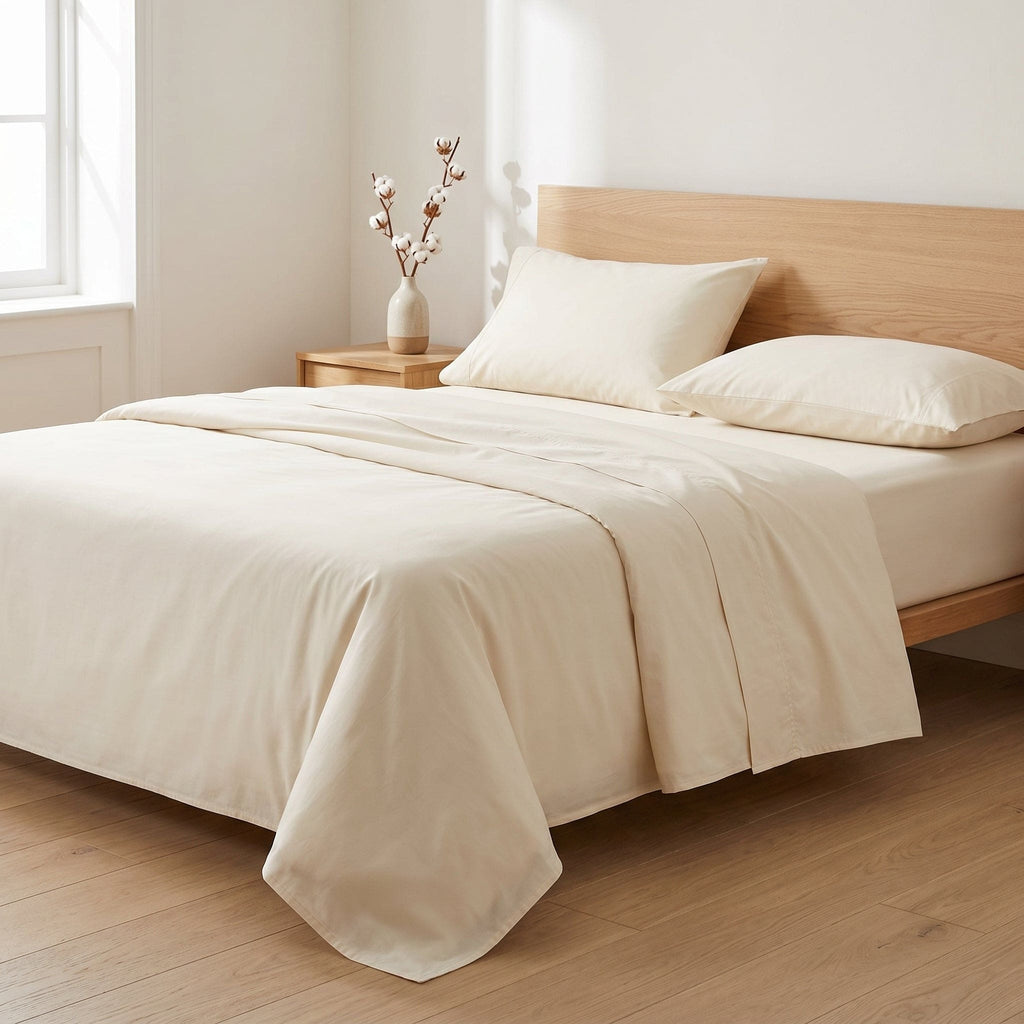 Completo letto Essenza Daltex – foto lifestyle modella, cotone naturale 100% Made in Italy