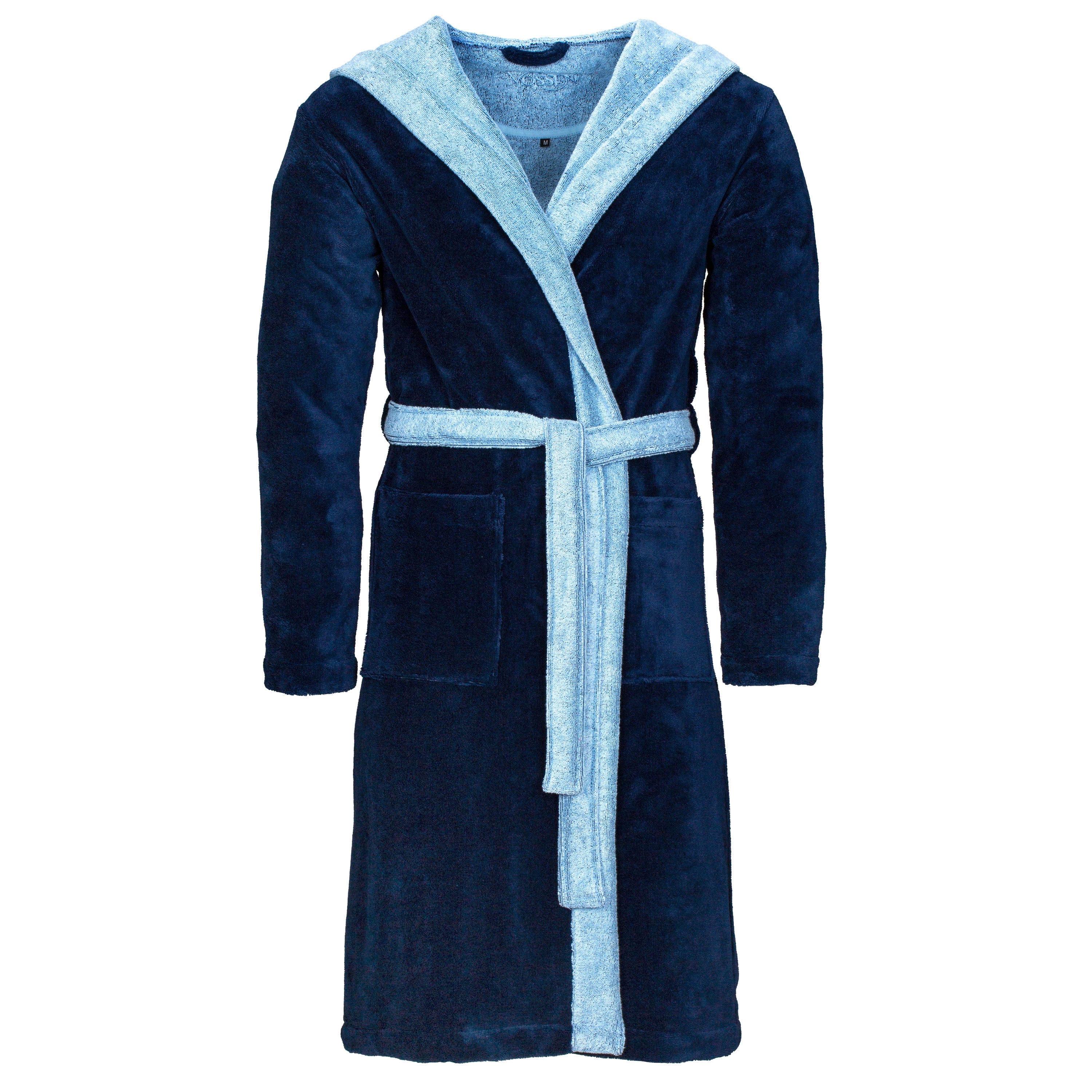 Accappatoio in cotone vegano con cintura e cappuccio in un doppio colore azzurro e blu per uomo e donna