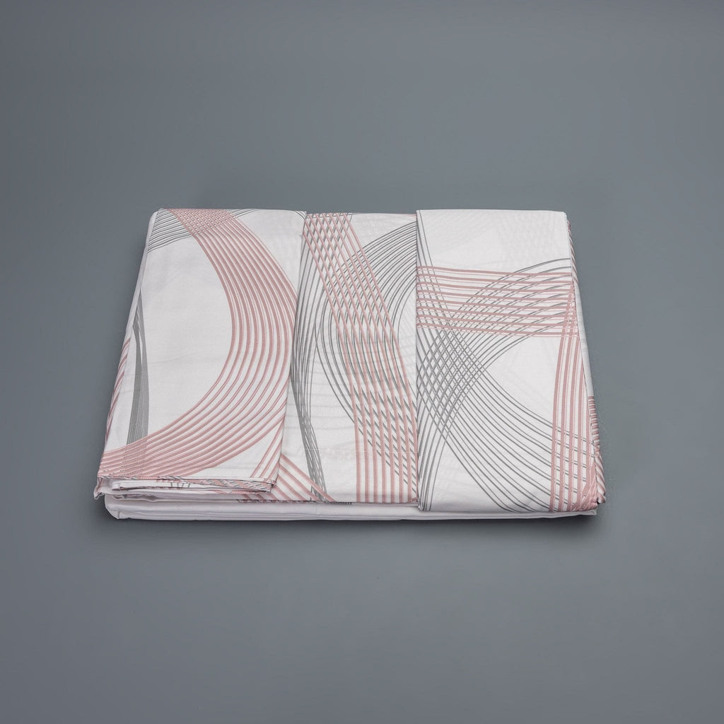 Completo letto matrimoniale bianco con onde rosa con lenzuolo di sotto, lenzuolo di sopra e federe.