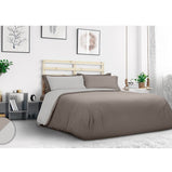 Completo copripiumino bicolore beige e tortora per letto matrimoniale, piazze e mezza e singolo. Federe, lenzuolo di sotto con angoli e copripiumino.