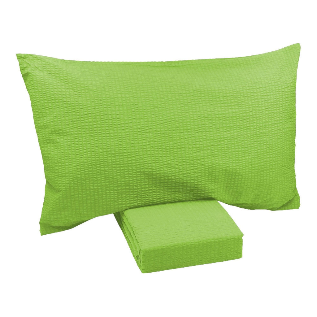 Completo letto verde lime effetto no stiro bianco con lenzuolo di sopra, lenzuolo di sotto e federe. Singolo, piazza e mezza e matrimoniale.